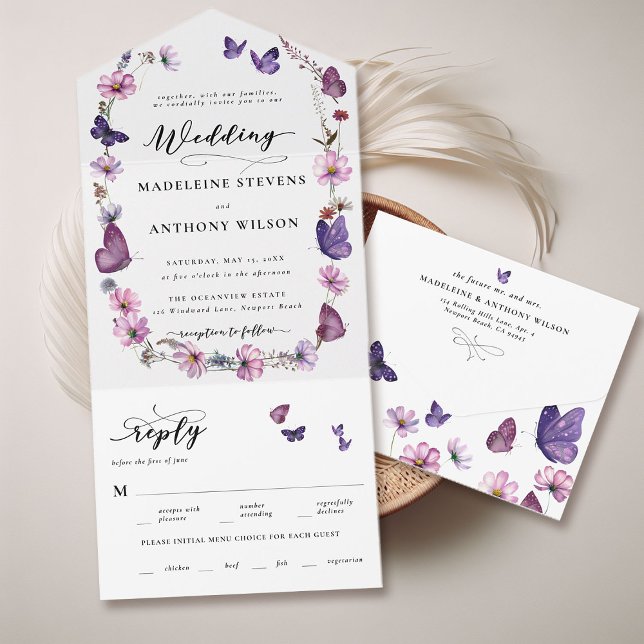Invitation Tout En Un Fleur sauvage Butterfly Romantic Garden Mariage (whimsical wildflowers butterflies garden party seal and send tri fold wedding invitation watercolor )