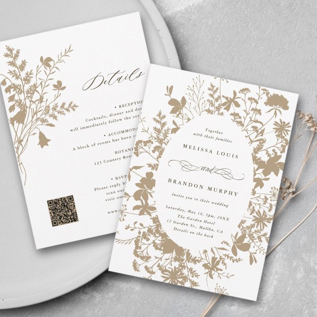 Invitation Tout en un Fleur sauvage cadre Mariage Tan et blan (Front & Back)