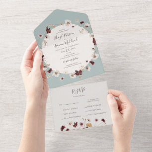 Invitation Tout En Un Fleur sauvage de Cuivre Bourgogne   Sceau Turquois