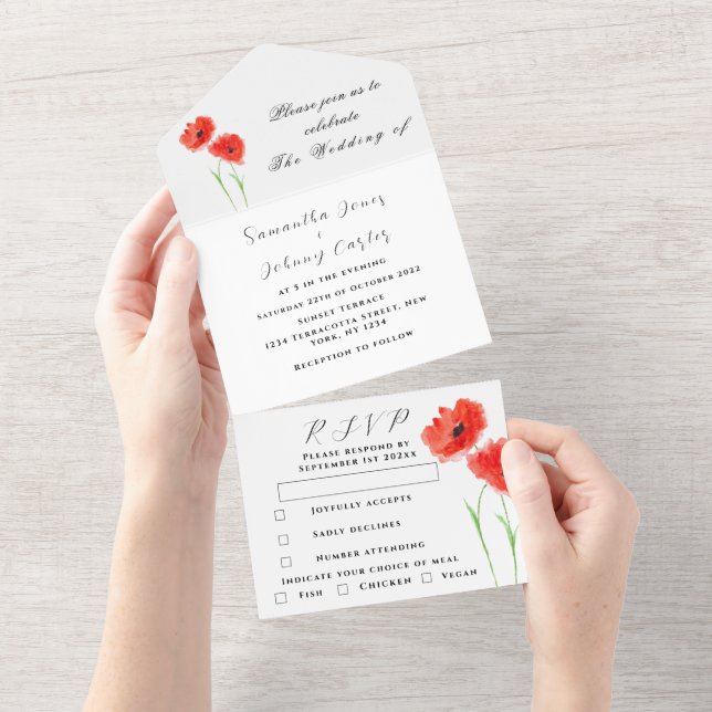 Invitation Tout En Un Fleur sauvage de pavot rouge aquarelle Mariage flo (Déchirure)