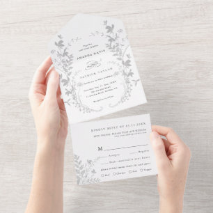 Invitation Tout En Un Fleur sauvage gris et blanc Silhouette Mariage de 