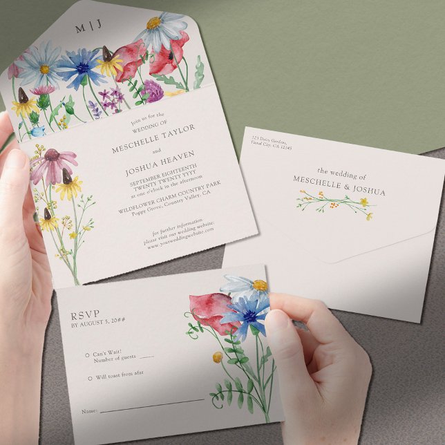 Invitation Tout En Un Fleur sauvage Mariage Rustique Pays Fleurs sauvage (Wedding Invitation with RSVP on tear-away section)