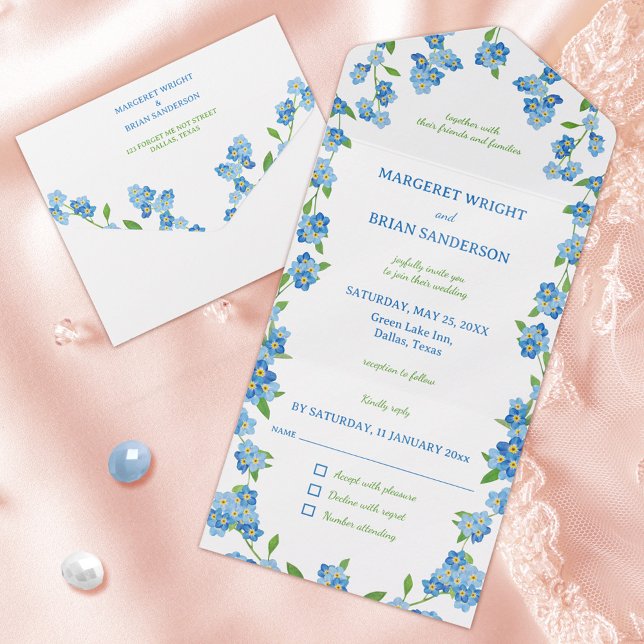 Invitation Tout En Un Fleur sauvage M'Oublie Pas Bleu Floral Aquarelle (Wildflower Forget Me Not Blue Floral Watercolor All In One Invitation)