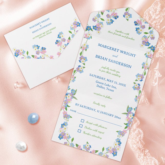 Invitation Tout En Un Fleur sauvage ne m'oublie pas bleu et rose aquarel (Wildflower Forget Me Not Blue and Pink Watercolor All In One Invitation)
