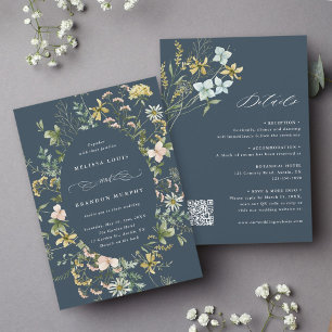 Invitation Tout en un Fleur sauvage Oval Frame Mariage Marine