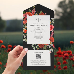 Invitation Tout En Un Fleur sauvage Pavot Rouge Floral Dark Mariage QR R