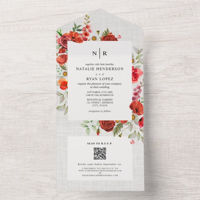 Invitation Tout En Un Fleur sauvage Pavot Rouge Floral Lin Mariage QR RS (À l'intérieur)