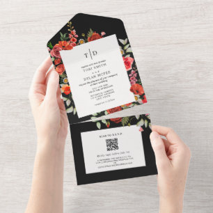 Invitation Tout En Un Fleur sauvage Poppy Rouge Floral Noir Noir RSVP To