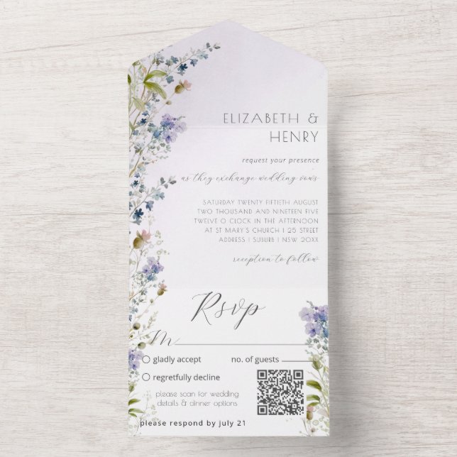 Invitation Tout En Un Fleur sauvage romantique du code QR (À l'intérieur)