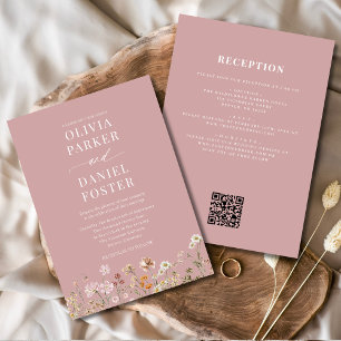 Invitation Tout en un Fleur sauvage rose  QR Code Mariage