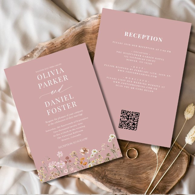 Invitation Tout en un Fleur sauvage rose  QR Code Mariage (Créateur téléchargé)