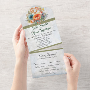 Invitation Tout En Un Fleur sauvage, Ruban Coeur & Sage
