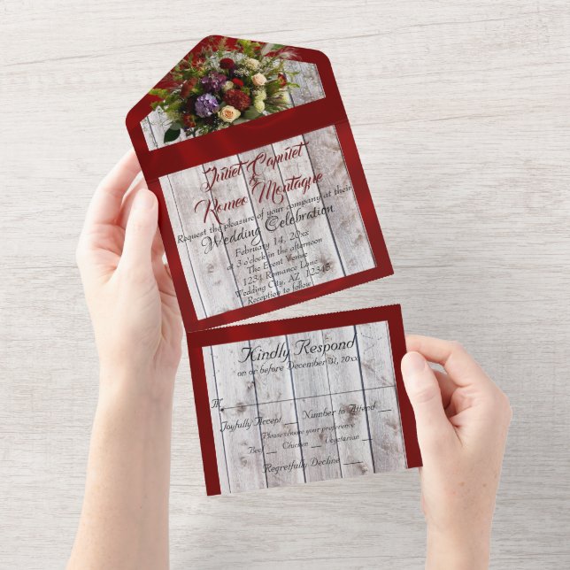 Invitation Tout En Un Fleur sauvage, ruban rouge et lumières (Déchirure)