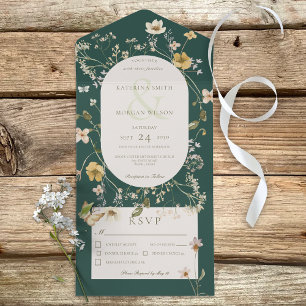 Invitation Tout En Un Fleur sauvage Rustique Cadre Emerald Green Dîner