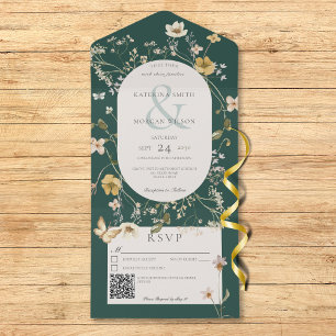 Invitation Tout En Un Fleur sauvage rustique Emerald Green QR Code