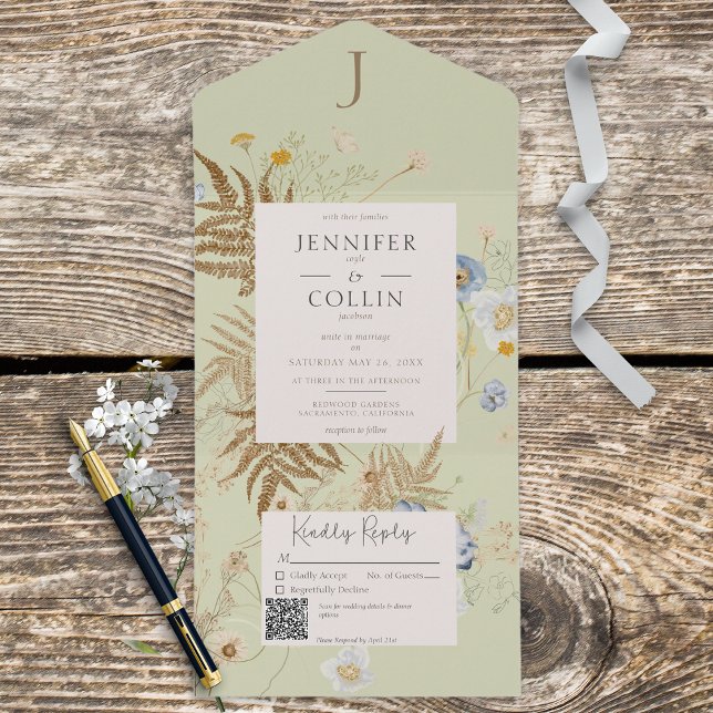 Invitation Tout En Un Fleur sauvage rustique Lt Green Monogramme QR Code (Créateur téléchargé)