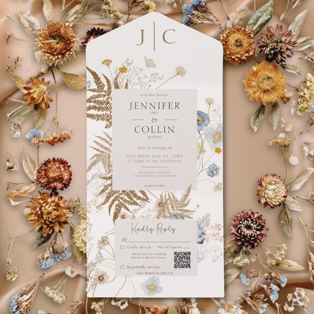 Invitation Tout En Un Fleur sauvage rustique Monogram Cream QR Code (Rustic Wildflowers Monogram Cream QR Code All In One Invitation)