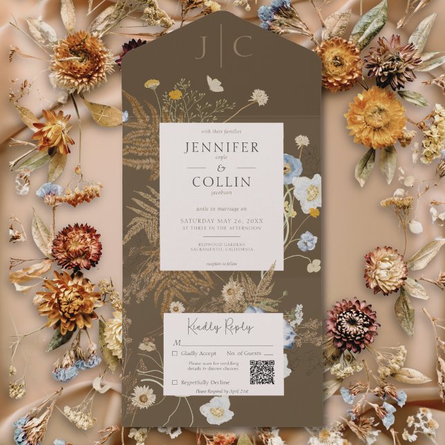 Invitation Tout En Un Fleur sauvage rustique Monogramme Brown QR Code (Rustic Wildflowers Monogram Brown QR Code All In One Invitation)