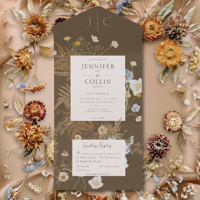Invitation Tout En Un Fleur sauvage rustique Monogramme Dîner Brown (Rustic Wildflowers Monogram Brown Dinner All In One Invitation)