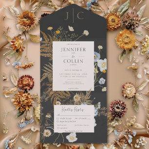 Invitation Tout En Un Fleur sauvage rustique Monogramme Dîner noir