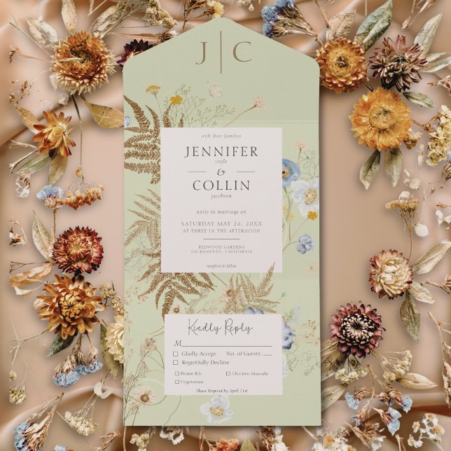 Invitation Tout En Un Fleur sauvage rustique Monogramme Dîner vert clair (Rustic Wildflowers Monogram Light Green Dinner All In One Invitation)