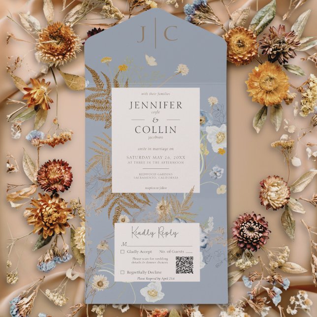 Invitation Tout En Un Fleur sauvage rustique Monogramme Dusty bleu QR Co (Rustic Wildflowers Monogram Dusty Blue QR Code All In One Invitation)