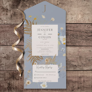 Invitation Tout En Un Fleur sauvage rustique Monogramme Dusty Blue Pas d