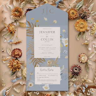 Invitation Tout En Un Fleur sauvage rustique Monogramme Dusty Blue Pas d