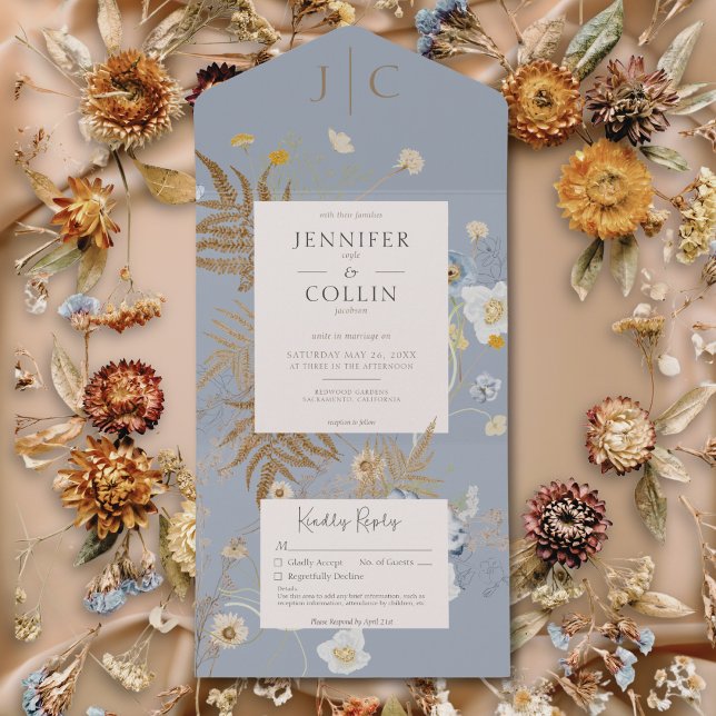 Invitation Tout En Un Fleur sauvage rustique Monogramme Dusty Blue Pas d (Créateur téléchargé)