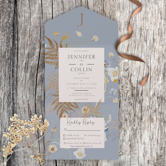 Invitation Tout En Un Fleur sauvage rustique Monogramme Dusty Dîner bleu (Créateur téléchargé)