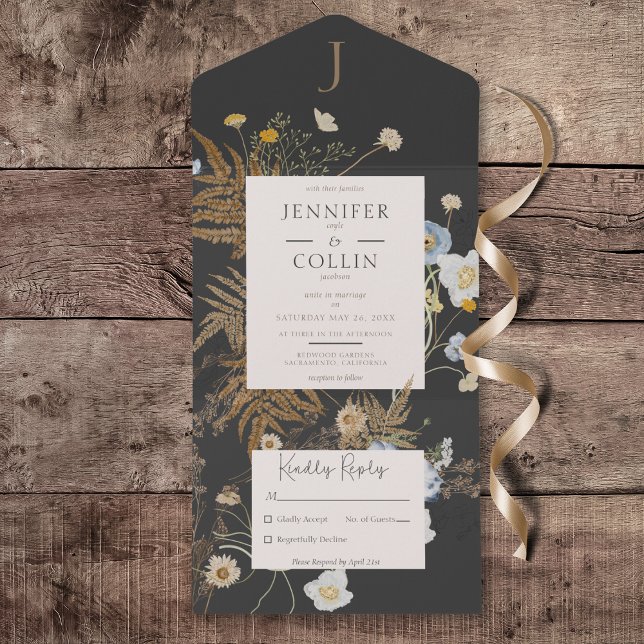 Invitation Tout En Un Fleur sauvage rustique Monogramme noir Pas de dîne (Rustic Wildflowers Monogram Black All in One Wedding Invitation without Dinner Options)