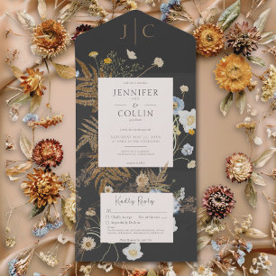 Invitation Tout En Un Fleur sauvage rustique Monogramme noir Pas de dîne