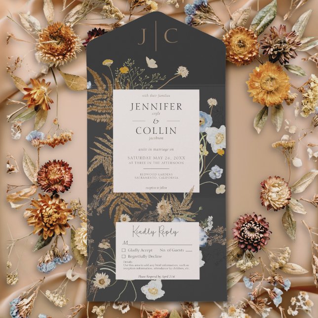 Invitation Tout En Un Fleur sauvage rustique Monogramme noir Pas de dîne (Rustic Wildflowers Monogram Black No Dinner All In One Invitation)