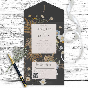 Invitation Tout En Un Fleur sauvage rustique Monogramme noir QR Code