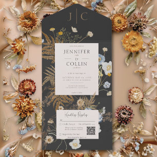 Invitation Tout En Un Fleur sauvage rustique Monogramme noir QR Code