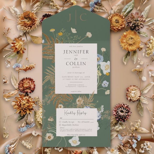 Invitation Tout En Un Fleur sauvage rustique Monogramme Sage Vert Pas de (Rustic Wildflowers Monogram Sage Green No Dinner All In One Invitation)