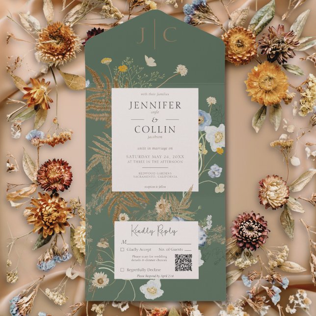 Invitation Tout En Un Fleur sauvage rustique Monogramme Sage vert QR Cod (Rustic Wildflowers Monogram Sage Green QR Code All In One Invitation)