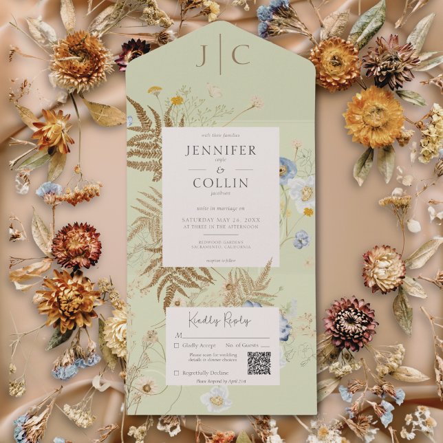 Invitation Tout En Un Fleur sauvage rustique Monogramme vert clair QR Co (Rustic Wildflowers Monogram Light Green QR Code All In One Invitation)