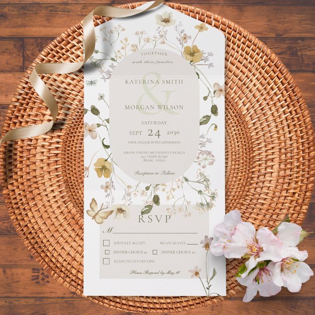 Invitation Tout En Un Fleur sauvage rustique Oval Frame Blanc Dîner (Also available with a QR code or without dinner selection options.)