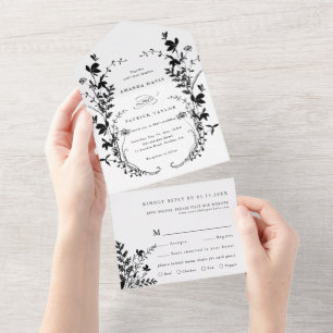 Invitation Tout En Un Fleur sauvage Silhouette Wreath Mariage noir et bl