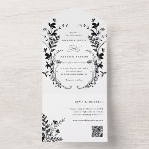 Invitation Tout En Un Fleur sauvage Silhouette Wreath Mariage noir et bl