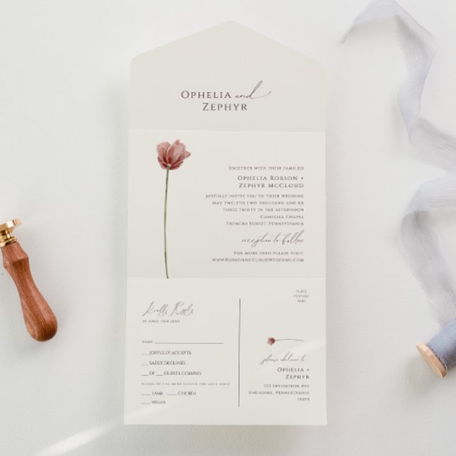 Invitation Tout En Un Fleur sauvage simple | Sceau beige et envoi (Créateur téléchargé)