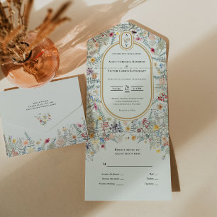 Invitation Tout En Un Fleur sauvage vintage Mint Green Mariage Monogramm