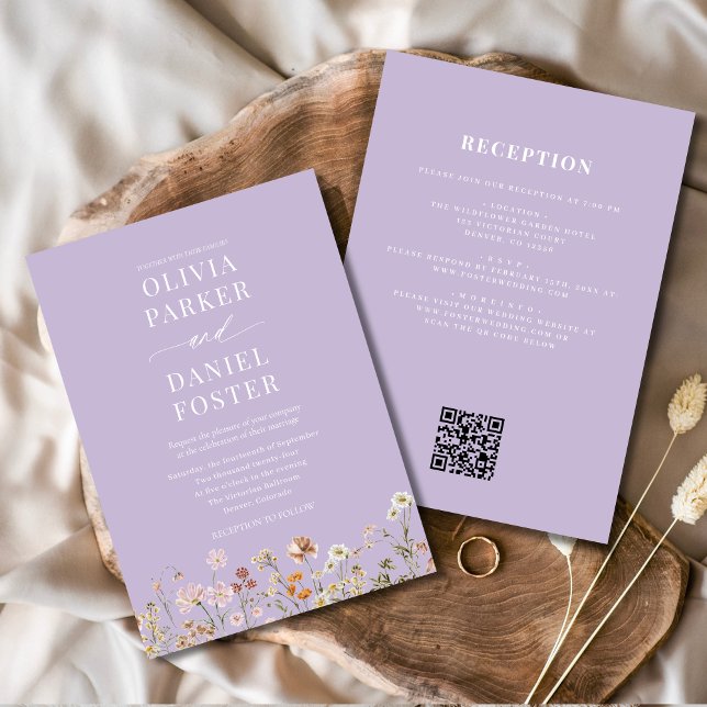 Invitation Tout en un Fleur sauvage violet  QR Code Mariage (Créateur téléchargé)