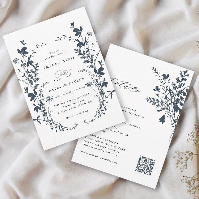 Invitation Tout en un Fleur sauvage Wreath Navy & White Maria (Front & Back)