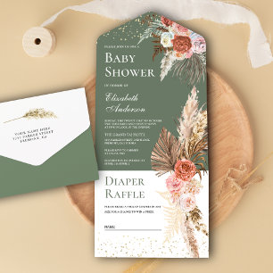 Invitation Tout En Un Fleur Terreuse Pampa Herbe Sage Verte Baby Shower