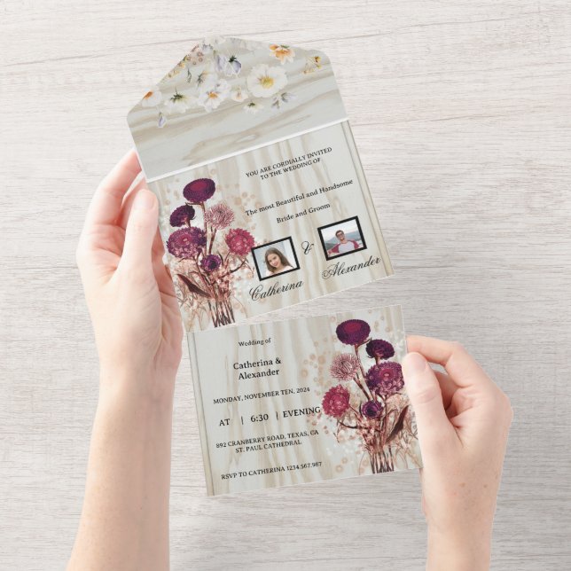 Invitation Tout En Un Fleurale en bois rustique  (Déchirure)