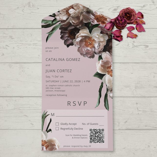 Invitation Tout En Un Fleurit foncé moderne Soft Rose QR Code (Also available without a QR code; with or without dinner selection options.)