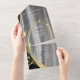 Invitation Tout En Un Fleurs abstraites argent ou or sur soie et art