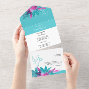 Invitation Tout En Un Fleurs Abstraites Tropicales Rose Turquoise